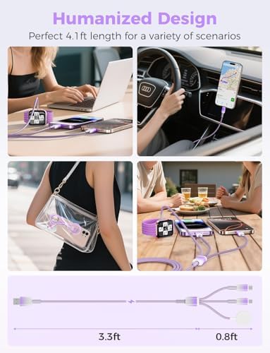 Chic Purple 3-in-1 USB Charging Cable for Women – 4 FT Multi-Device Charger for i Phone 14, 15, 16 & Apple Watch Ultra/SE/10-1 | Stylish Travel Essential Perfect for Tech Lovers and Thoughtful Gifting