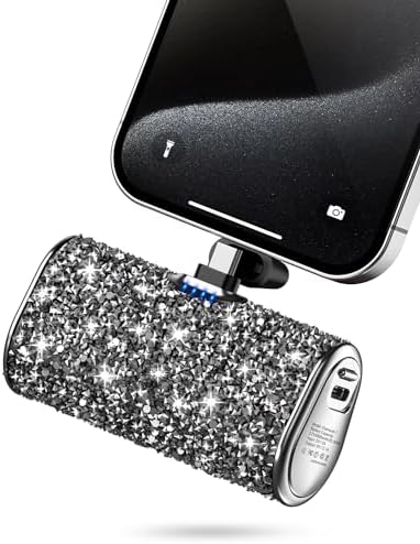 Chic Gray Bling Portable Power Bank – 6800 m Ah Fast Charger with Type-C Connector and Built-in Flashlight for i Phone 15 & Android Devices – Ultra-Compact Design for Stylish On-the-Go Charging and Emergency Preparedness