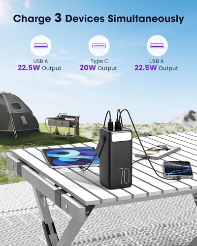 Ultra High-Capacity 70000 m Ah Power Bank – 22.5 W Fast Charging Portable Charger with LED Display & Built-In Flashlight – Ideal for Camping, Travel, and Emergency Use – Multiple Outputs for i Phone, Samsung, i Pad, and More – Stay Connected Anywhere with Long-Lasting Power Solution – Lightweight Design with Convenient Carry Strap and Real-Time Power Monitor – Comprehensive Safety Features Including Overcharge and Short Circuit Protection – Perfect for Outdoor Adventures and Unexpected Power Outages – Includes USB-C Charging Cable and 2-Year Customer Support for Peace of Mind