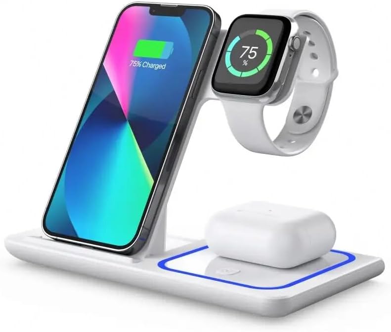 Ultimate 3-in-1 Foldable Wireless Charging Dock for Apple Devices with Built-In LED Night Light – Fast, Compact, and Stylish Charger for i Phone, Apple Watch, and Air Pods – Perfect for Home and Travel – Sleek White Finish for Modern Aesthetics and Organized Spaces