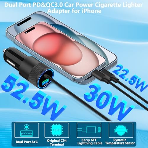 Rombica 105 W MFi Certified Dual USB-C & USB-A Fast Car Charger for i Phone 16 Pro Max – Ultimate Portable Power Solution with 6 FT Coiled Type-C Cable for Rapid Charging on the Go, Perfect for Road Trips and Daily Commuting