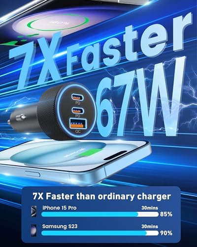 Ultimate 3-Port USB C Car Charger – 67 W High-Speed Dual USB-C & USB-A Adapter for i Phone 16/15/14/13/12/11/Pro Max, Samsung Galaxy S25/S24/S23/S22/S21, Pixel & Android Devices – Rapid PD/QC Charging with Safety Features for Road Trips and Daily Commutes