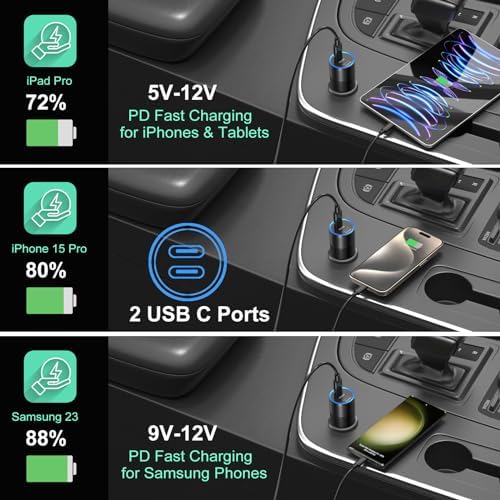 Power Up Anywhere: Bangfun 40 W Dual Port USB C Car Charger – 5 Pack – PD 3.0 Rapid Charging Adapter for i Phone 15/14/13/12 Pro Max & Samsung S24/S23 – Compact Cigarette Lighter Charger for On-the-Go Convenience – Enhanced Dual Device Compatibility and Safety Features