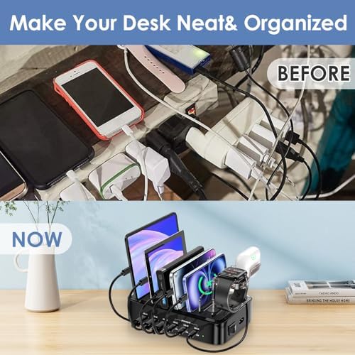 Ultimate 90 W Multi-Device Charging Station – 6-Port Organizer with 3 PD 20 W USB-C Fast Charge Capability for i Phones, i Pads, Tablets, Kindles, and More – Includes 6 Versatile Cables, Air Pods and Apple Watch Holders – Streamlined Design for Enhanced Efficiency and Space Management