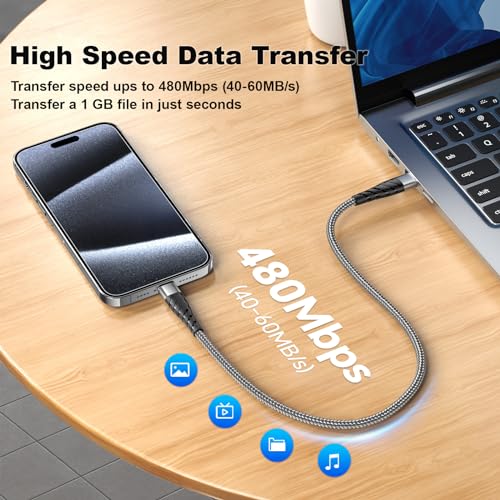 Ultra-Durable 5-Pack i Phone Charger Cables – Versatile 3, 6, & 10 FT USB A Fast Charging Cords for i Phone 16/15 Pro Max & Samsung Galaxy S10/S9/S8 Plus – Tangle-Free Design in Sleek Gray – Maximum Compatibility & Performance for Home and Office Use