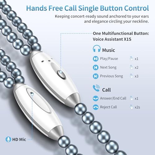 Hian Dier Chic Pearl Necklace Earbuds for i Phone – Stylish Muted Blue Wired Headphones with Crystal-Clear HD Voice Mic and Magnetic Storage – Fashion-Forward Audio Accessory for Women Compatible with i Phone Models 14/13/12/11/XR/XS/X/8/7 – Elevate Your Listening Experience with Fashion and Functionality