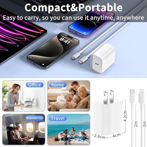 Ultimate 20 W USB C Power Adapter Set for i Phone 14, 13, 12 & 11 – Triple Pack Fast Charging Solution with 6 FT Type-C to Lightning Cables – Ideal for Home, Office, and Travel Efficiency – Overheat Protection & Enhanced Compatibility for All USB-C Devices