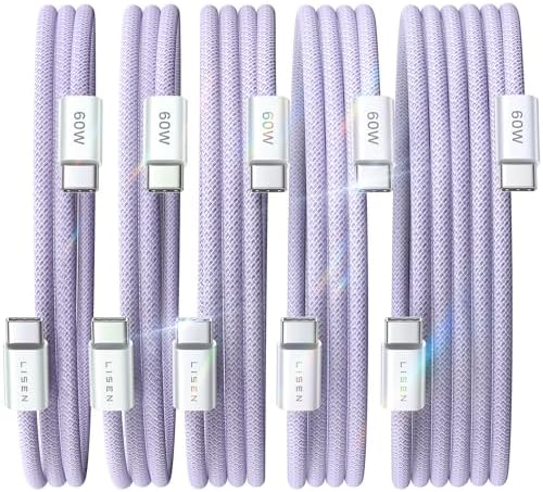 LISEN USB C to USB C Cable 5-Pack – Premium Fast Charging Solution with 60 W Power Delivery, Versatile Lengths (3.3 FT, 6.6 FT, 10 FT) for i Phone 16, i Pad Mini 6/Pro, Mac Book Pro 2020 & Samsung S23 – Durable, High-Speed Connectivity for All Your Devices