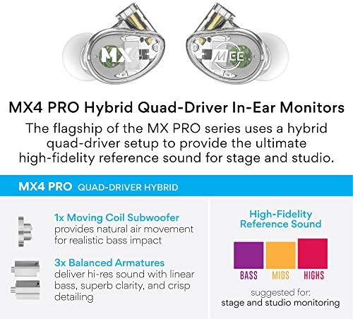 MEE audio MX1 PRO Dynamic Driver In-Ear Monitor Headphones – Professional Quality Sound Isolation Earbuds with Memory Wire Comfort, Detachable Cables, and Transparent Design for Musicians and Audiophiles – Exceptional Audio Clarity for Live Performances and Studio Sessions