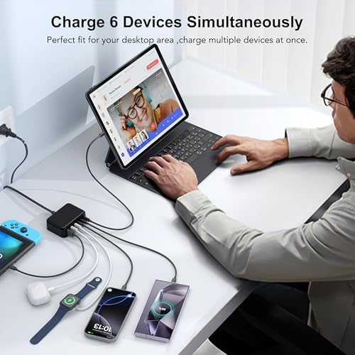 BREEKET 100 W USB C Fast Charger Hub – 6-Port Ga N Charging Station with 3 USB-A & 3 USB-C Connections – High-Speed Wall Adapter for i Phone 15/14/13/12/11 Pro Max, i Pad, Google Pixel & Samsung Galaxy Devices – Compact, Safe & Stylish Power Solution