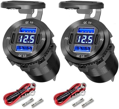 12 V Dual QC3.0 & PD3.0 USB C Car Charger Socket with Voltmeter – Waterproof Aluminum Alloy Quick Charge Power Adapter for Vehicles, Boats, RVs, and More – Ultimate Fast Charging Solution for Smartphones and Devices