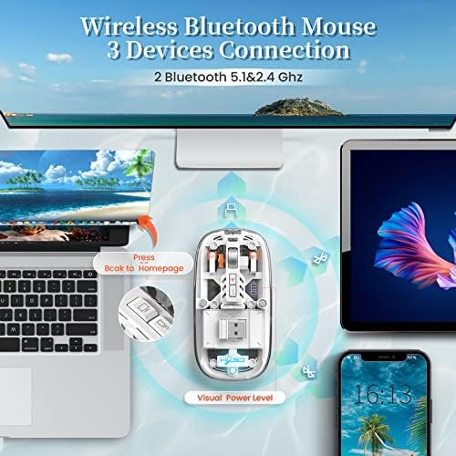 Sleek A.JAZZ Wireless Bluetooth 5.1 & 2.4 G Mini Mouse – Lightweight, Rechargeable, and Silent for Ultimate Focus in Office, PC, Mac, and i Pad Use – Stylish Transparent Design with Nano USB-C Receiver for Enhanced Compatibility and Performance