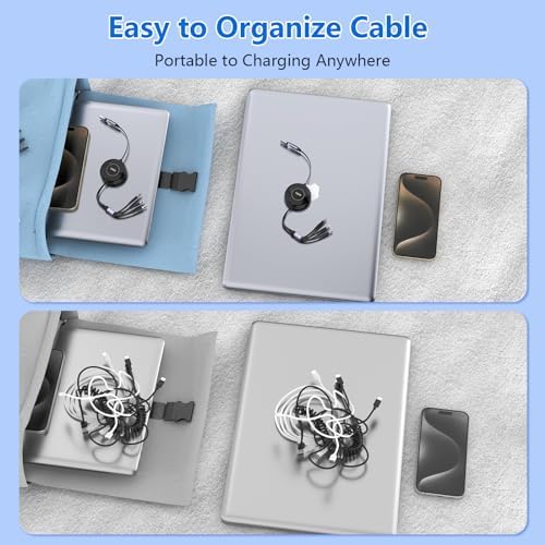 Ultra-Fast 100 W USB-C Multi Charging Cable – Retractable 4 FT Charger for i Phone 15, Samsung S24 & More – Versatile Compatibility with Type C, Micro USB, and IP Devices – Durable & Tangle-Free Design for Effortless Charging on the Go