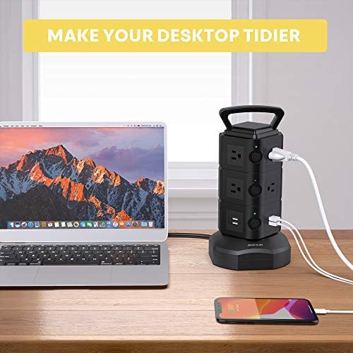 JACKYLED Power Strip Tower Surge Protector with 12 Outlets and 6 USB Ports (2 USB-C) – High-Speed Charging Station with 1050 Joules Protection, 1625 Watts, 6.5 ft Extension Cord for Enhanced Home Office Efficiency and Device Safety