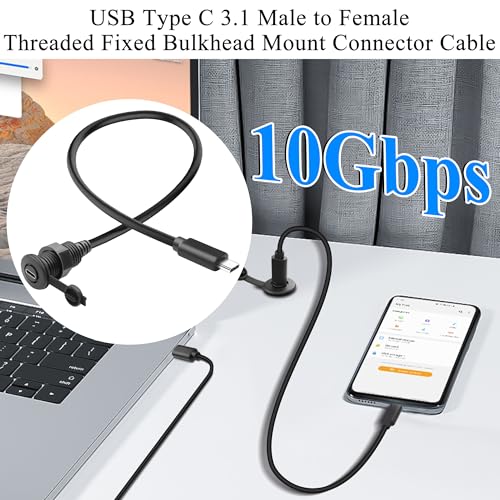 QIANRENON 10 Gbps USB C 3.1 Fixed Mount Waterproof Connector – High-Speed 60 W Charging & 4 K Video Adapter for Furniture, Cars, and RVs | 30 cm (11.8 in) Durable Threaded Bulkhead Cable for Enhanced Data Transfer and Compatibility