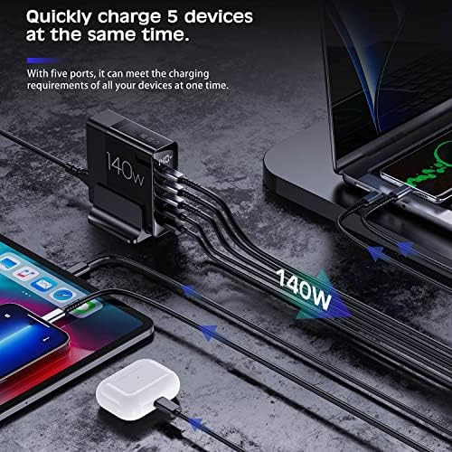 Maximize Your Charging Efficiency with a 140 W Ga N USB-C Charger Featuring LED Display – 5-Port Desktop Power Station with 3 USB-C & 2 USB-A Ports for Fast Charging Multiple Devices Including Mac Book Pro, i Phone, i Pad, and Laptops – Ultimate Compatibility and Performance