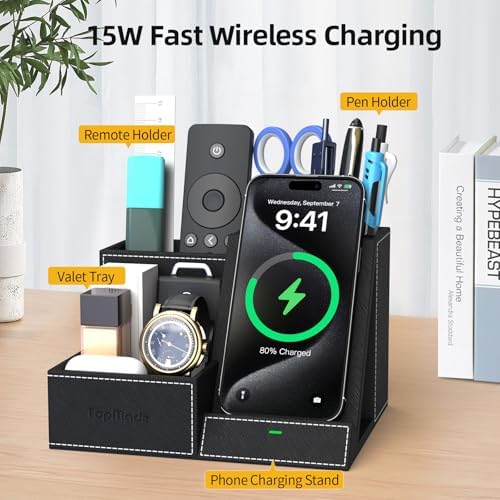 Premium PU Leather Wireless Charging Station & Desk Organizer for i Phones – Fast, Stylish Charging Dock with Integrated Pen Holder – Ideal Gift for Men and Essential Office Accessory in Elegant Black – Boost Productivity & Organize Your Workspace