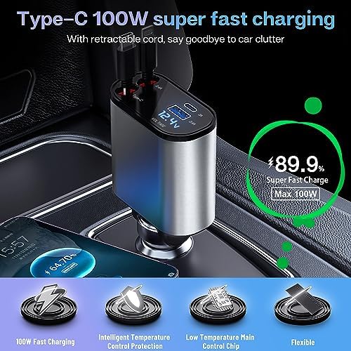 Ultimate 100 W Retractable Car Charger – 4 in 1 Fast Charging Solution for i Phone, Type C, and Android Devices – Dual Ports for Multi-Device Compatibility – Tangle-Free 31.5 Inch Cables – Ideal for i Phone 15/14/13/12 Pro Max, i Pad, Samsung, Pixel – Essential Travel Accessory for Efficient Power On-the-Go