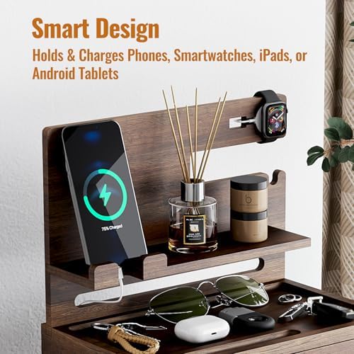 NiHome Wooden Nightstand Organizer for Men, Solid Wood Charging Dock for Smartphone, Smartwatch, Tablet, Wallet, Keys, Glasses, Accessories, Easy Assembly Stylish Design for Classic & Modern Interiors – Enhanced Compatibility and Speed