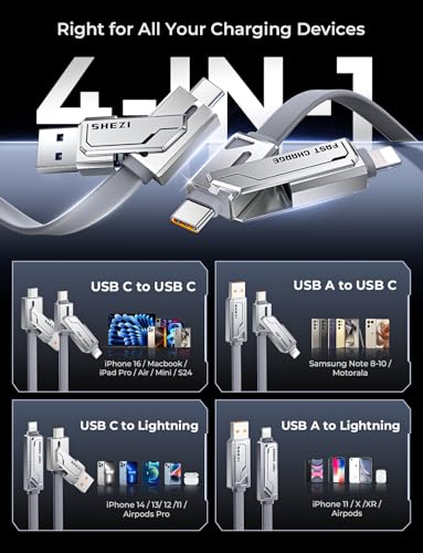 SHEZI 4-in-1 USB C Charging Cable | 240 W Fast Charging Solution for i Phone 16/15 & More | 5 FT Durable Flat Silicone Cord with Lightning, USB-C, USB-A Connectors | Versatile Multi-Device Charger for Home, Office & Travel | Enhanced Compatibility & Speed