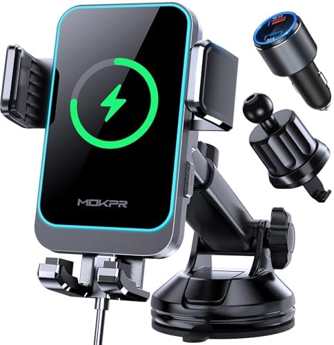 MOKPR Wireless Car Charger – 15 W/10 W/7.5 W Auto-Clamping Cup Holder Phone Mount for i Phone & Samsung – Fast Charging Car Mount with Enhanced Compatibility for Seamless Navigation & Calls – Durable, Convenient, and Safe Charging Solution for Busy Lifestyles