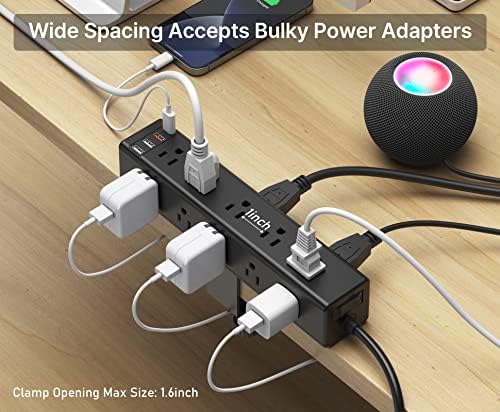 CCCEI 15-Outlet Desk Clamp Power Strip – Ultimate Surge Protector with Fast Charging USB Ports, 6 FT Flat Plug for Enhanced Accessibility, Compatible with 1.6-Inch Tabletops, Sleek Black Design for Modern Workspaces