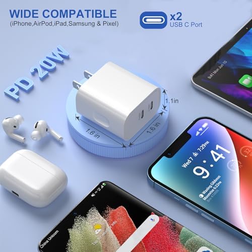 Costyle i Phone 15 & 16 Dual USB-C Charger Block – 20 W Fast Charging Wall Plug with 2 x 6 FT Type-C Cables for Maximum Compatibility – Efficient Power Adapter for i Phone 15 Pro Max & i Pad Pro – Compact Design for On-the-Go Charging Solutions