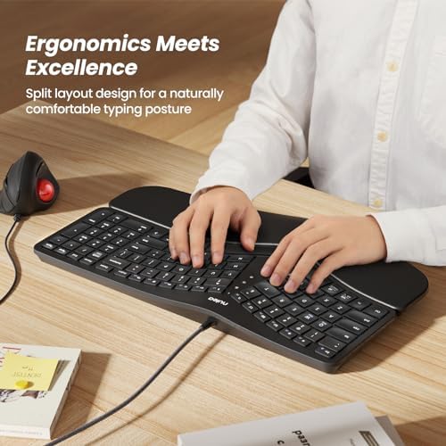 Nulea RT05 C Wired Ergonomic Split Keyboard with Cushioned Wrist Rest – Ultimate Comfort and Adjustable Tilt for Windows/Mac Users, Plug-and-Play USB Corded Design for Enhanced Typing Efficiency and Reduced Strain