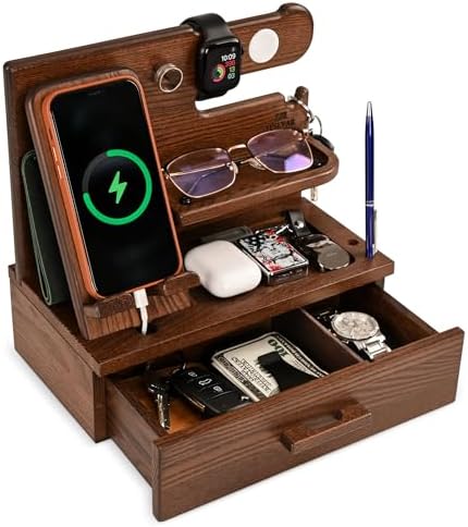TESLYAR Wood Phone Docking Station with Drawer – Nightstand Organizer – Desk Organizer for Husband – Birthday Gifts for Men, Dad, Anniversary Idea, Key Holder Stand Watch & Accessories (Bourbon Brown) – Enhanced Compatibility and Speed