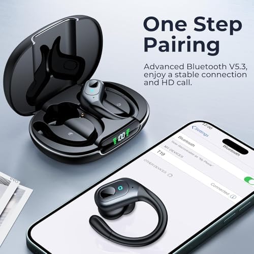90-Hour Bluetooth Wireless Earbuds – Sweatproof Sport Earphones with Secure Earhook & LED Display Charging Case – Unmatched Sound Quality for Active Lifestyles – Ideal for Intense Workouts & Outdoor Adventures Compatible with i OS & Android Devices