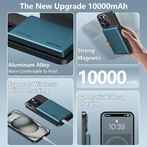 LUCKYDUO Ultra Slim 10000 m Ah Magnetic Power Bank – Sleek Wireless Charger with PD 20 W Two-Way USB-C Fast Charging for i Phone 16/15/14/13 Series – Perfect Travel Companion for Effortless Charging on the Go
