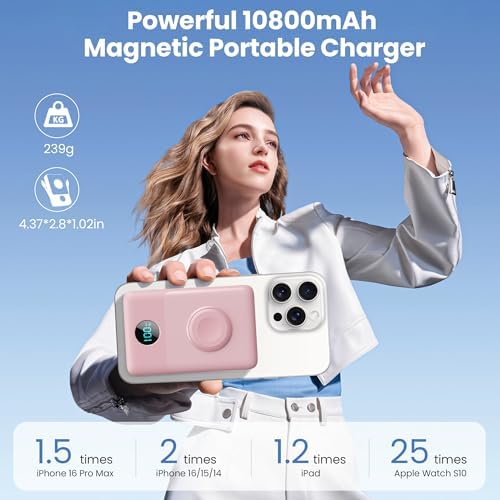 Ultimate 6-in-1 Magnetic Portable Charger, 10800 m Ah Power Bank for i Phone – Features Integrated Cables, Wireless Charging for Apple Watch, Smart LCD Display, and 25 W PD Fast Charging – Perfect Travel Accessory for All Devices with Enhanced Safety Features and Compatibility for i Phone 12 to 16 Series