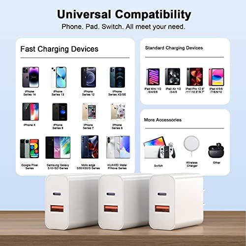 MFi Certified 20 W Dual-Port USB-C Fast Charging Kit – 3-Pack Wall Charger Set with 10 FT Lightning Cables for i Phone 14/13/12/11/XR/X/XS – Effortless Dual Device Charging for Home, Office & Travel – Superior Quality & Extended Cable for Optimal Convenience