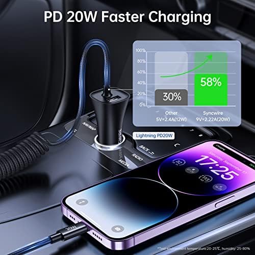 Rapid Charge Your Apple Devices with Syncwire MFi Certified 32 W Car Charger featuring Built-in 5 FT Coiled Lightning Cable – Ultimate Fast Charging Solution for i Phone 14/13/12/11/XR/Max and i Pad – Compact and Travel-Ready USB Adapter for Hassle-Free Power On-The-Go