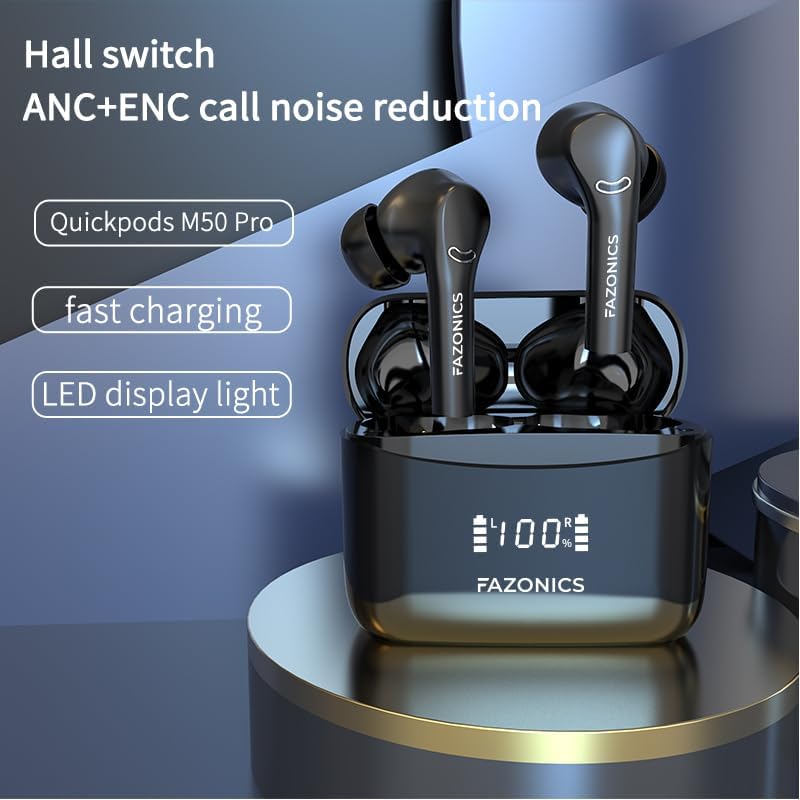 Experience Ultimate Audio Freedom with Quickpods M50 Pro True Wireless Earbuds – Bluetooth 5.3 with ANC & ENC, 36-Hour Playtime, IPX5 Waterproof Design, Ergonomic Comfort for i Phone & Android Users – Stylish Black with LED Power Display Charging Case