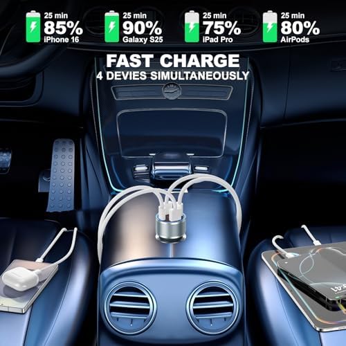 High-Power 65 W USB C Car Charger with 4 Fast Charging Ports, PD30 W Capability, Digital Voltage Display & 2 USB Cables – Ultimate Compatibility for i Phone 16/15/14/13, Samsung Galaxy S25/S24/S23, i Pads & More – Efficient On-the-Go Charging Solution