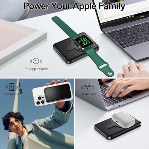 Kurdene Ultra Slim 3-in-1 Wireless Portable Charger – 5000 m Ah Magnetic Power Bank for Fast Charging i Phone 16/15/14/13/12, Apple Watch & Air Pods – Sleek Black Design for Ultimate Portability and Efficiency