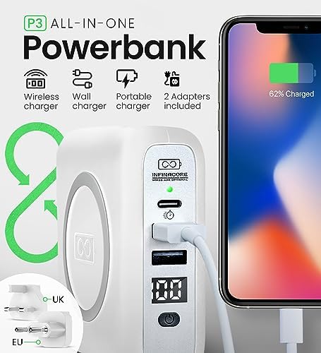 Infina Core P3 8000 m Ah Portable Power Bank: Ultra-Fast 18 W USB-C Charger with 4-in-1 Functionality, Qi Wireless Compatibility, and Travel-Ready Foldable Plug for Effortless Device Charging on the Go