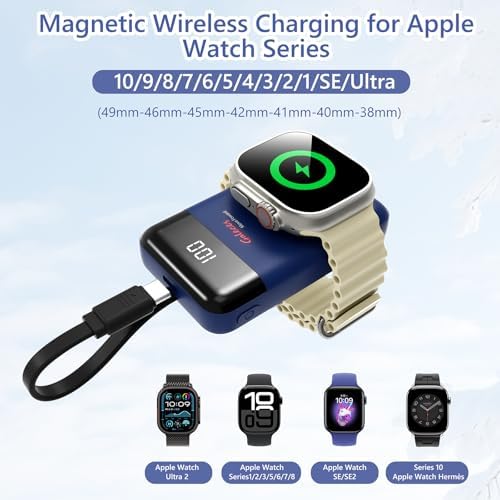 Compact 3000 m Ah Wireless Magnetic Charger for Apple Watch & i Phone – Fast Charging Power Bank with Built-in USB-C Cable, Perfect Travel Gift for SE/Ultra/1-9 Series & i Phone 15/16, Sleek White Design for Effortless Power On-the-Go