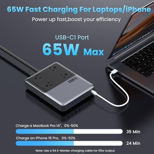 Revolutionize Your Charging Setup with the 12-in-1 USB C Power Strip – 200 W Ga N IV Fast Charger with 4 AC, 4 USB-A, and 4 USB-C Ports, Perfect for Mac Book and i Phone 16/15/14 – 5 ft Cord for Ultimate Flexibility in Home and Office Environments