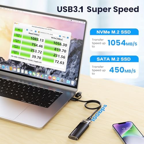 High-Performance M.2 NVMe SATA SSD Enclosure Adapter – 10 Gbps USB 3.1 Gen 2 Type-C for Seamless Data Transfer, Compatible with M-Key & B+M Key Sizes 2230, 2242, 2260, 2280 – Ideal for Fast-Paced Professionals and Gamers Seeking Reliable Storage Expansion