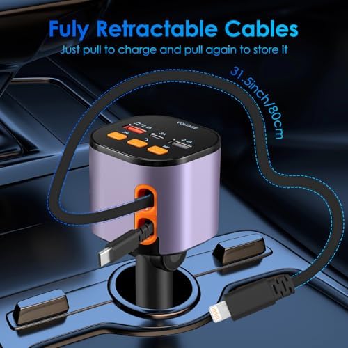 Ultimate 5-in-1 Fast Car Charger with Bluetooth 5.3 FM Transmitter – 90 W Retractable Charging Hub for i Phone 15/14/13 – Hands-Free Calling and Dual USB Ports for Seamless Connectivity and Quick Charging – Compact Black Design for Enhanced In-Car Experience