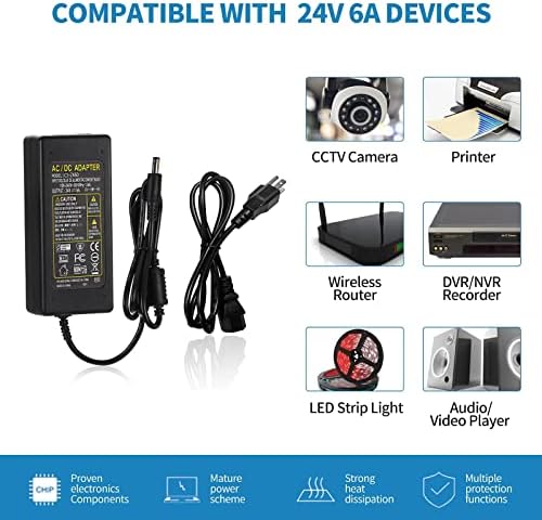 Universal 24 V DC Power Supply Adapter – 6 A, 144 W AC to DC Converter with Dual Output (5.5 mm x 2.5 mm & 2.1 mm) – Ideal for LED Strip Lights, CCTV Cameras, and Printers – Enhanced Stability and Compatibility for Optimal Device Performance