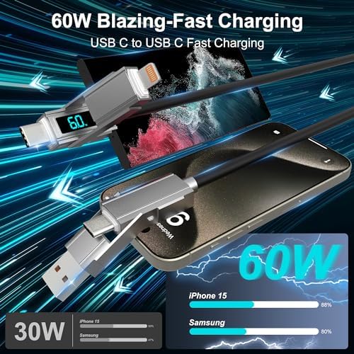 Universal 4-in-1 USB C Fast Charging Cable with LED Status Display – MFi Certified for i Phone 15/14/13, Galaxy, and Mac Book – 3 A Rapid Charger with 60 W Power Delivery – 6.6 ft Long for Enhanced Flexibility & Compatibility with Car Play and Android Auto – Ideal for On-the-Go Charging Needs