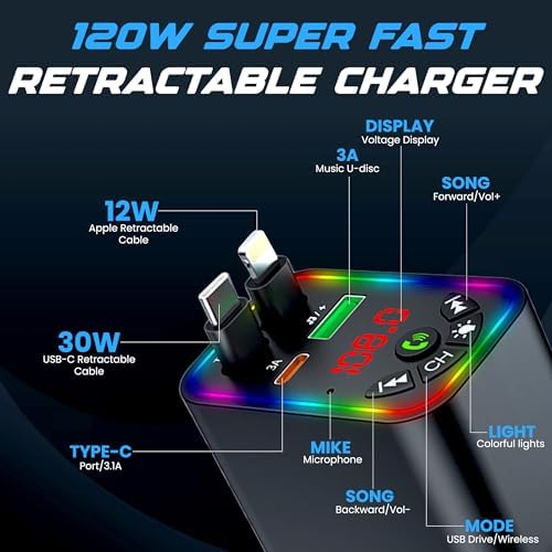 Advanced Bluetooth 5.3 Car FM Transmitter with 120 W Power Output, Retractable 80 cm Cables, Digital Display, Noise-Canceling Hands-Free Calling & Dual Device Charging for Ultimate Road Convenience and Safety
