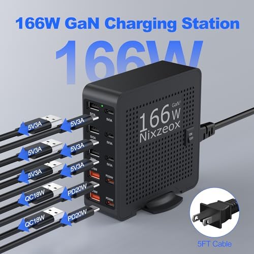 High-Speed 10-Port USB C Charging Station – 166 W Ga N Wall Charger with PD 20 W & QC 18 W for i Phone 15/14/13/12/11, i Pad, Samsung, Pixel 5 – Compact White-Silver Design for Universal Device Charging Convenience