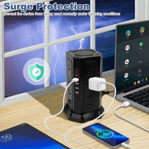Revolutionize Your Charging Setup with the 16.5 FT Power Strip Tower – 12 AC Outlets & 5 USB Ports (1 USB-C) Surge Protector for Home, Kitchen, Dorm, & Office – Space-Saving Design with Enhanced Overload Protection for Maximum Device Compatibility and Rapid Charging Efficiency