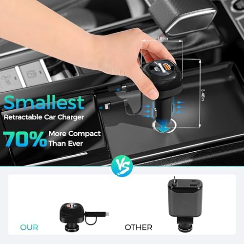 Merrtody 2025 Ultra-Compact 81 W Retractable Car Charger with 30-Inch USB-C Cable – Fast Charging Adapter for i Phone 16/15/14, Mac Book Pro, i Pad, Galaxy, Pixel & More – Perfect for Travelers & Commuters with Smart Charging Technology