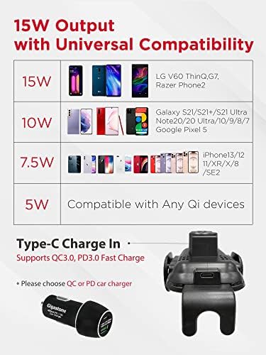 Gigastone Qi Wireless Car Charger – 15 W Fast Charge with Auto-Clamping Phone Holder for Seamless Driving – Compatible with i Phone 15/14/13/12/11/X, Galaxy S22/S20, Note 20/10, i Pad, Pixel, and Xperia – Effortless Installation for Air Vent and Dashboard Use, Tangle-Free Convenience and Enhanced Device Security