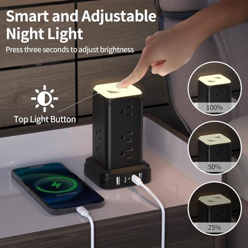 Transform Your Charging Setup with the PD20 W USB C Power Strip Tower – 6 Feet Surge Protector with 4 Fast-Charging USB Ports and Built-in Night Light, Perfect for Home, Office, or Dorm Room, Featuring a Compact Design with Thin Flat Plug for Ultimate Space Efficiency and Enhanced Device Safety